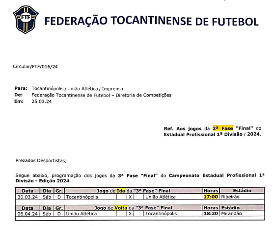 Calendário da Final do Campeonato Tocantinense 2024